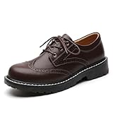 XMM Oxford Shoes for Women Women's Oxford Shoe Lace-Up Round Toe Leather Flat Classic Non-Slip Work Business Dress Office Shoes Brown US 8