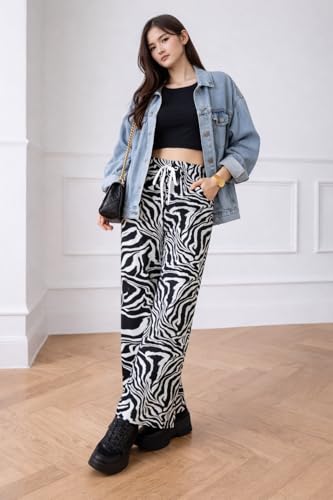 Image of Celary Women's Printed Palazzo Pants - Silk Blend High Waist Wide Leg Trousers | Elastic Waist Relaxed Fit Casual Flowy Pants for Travel, College, Office