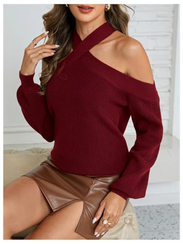 Image of MakeMeChic Women's Off The Shoulder Sweater Halter Criss Cross Pullover