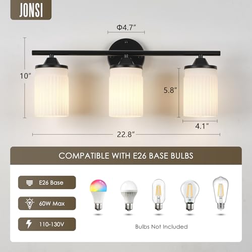 Image of Jonsi Black Bathroom Light Fixtures 3-Light Vanity Lights Modern Wall Sconce with Milk White Shade Bathroom Light Fixture Over Mirror for Bedroom Hallway Kitchen