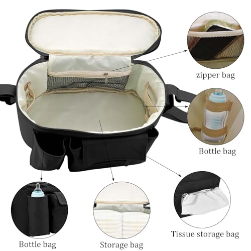 Miniatura 3 de Universal Organizador Para Cochecito, Bolsas Para Cochecito Accesorios Para Bebés Con Bolsillo, Cremallera, Correa Para El Hombro Y Espacio De Almacenamiento Para Pañales Y Teléfonos Negro
