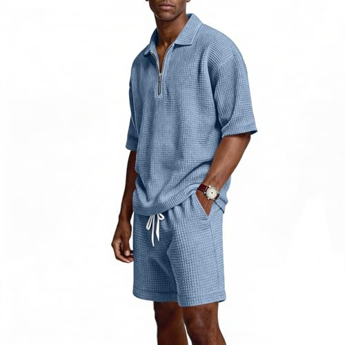 Ensemble polo et short texturé gaufrette homme col rabat zip