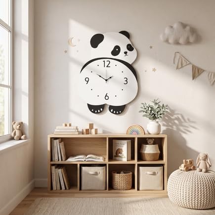 Image of Bamboo Bear Design Pendulum Wall Clock for Kids Room, Decorative Analog Timepiece with Swinging Element, Animal Theme Home Accent for Bedroom, Nursery, Playroom, Study Area and Indoor Decor