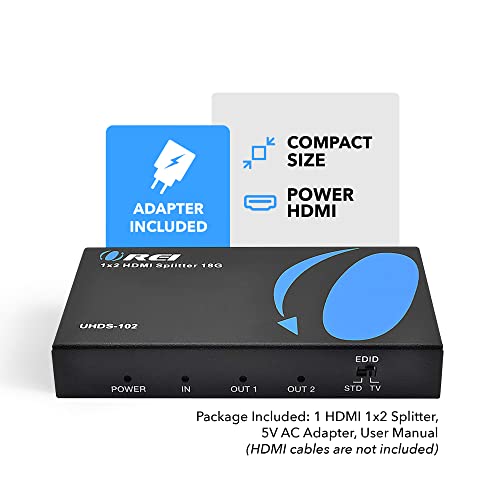 Orei Ultrahd 4K @ 60 Hz 1 X 2 Hdmi Splitter 1 In 2 Out 2 Port 2: 8-Bit - Hdmi 2.0, Hdcp 2.0, 18 Gbps, Edid, Duplicate / Mirror 4K Screens - Uhds-102 #TOP1