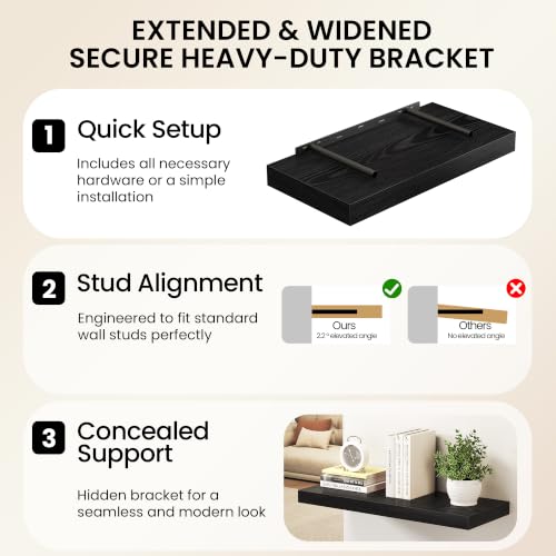 Image of Fun Memories Floating Shelves for Wall, 3 Pack 36 Inch Long Floating Shelves, 36 x 12 Wooden Shelves for Wall, Large Storage Shelves, Hanging Shelves for Bathroom Bedroom Kitchen, Black