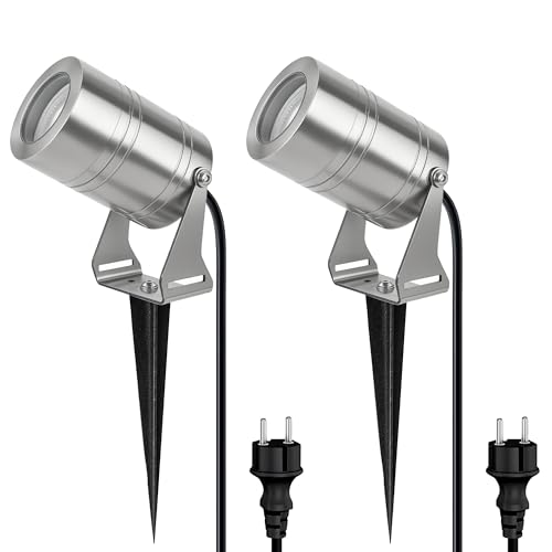JNR 2 PACK Projecteurs de jardin en acier inoxydable LED extérieurs IP65 étanches, lampes de jardin avec alimentation 5 W GU10 3000 K ampoule blanc chaud,...