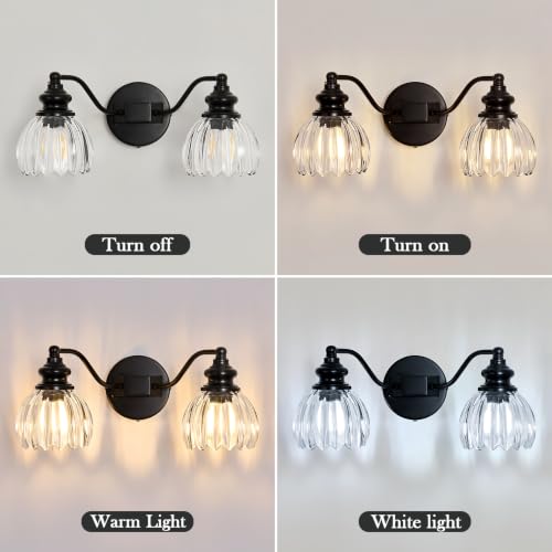 Image of Piepooye Modern Bathroom Lights Fixtures 2 Lights Black Vanity Light with Glass LampShade E26 Bulb Indoor Vanity Light Over Mirror for Bedroom Farmhouse Kitchen Living Room