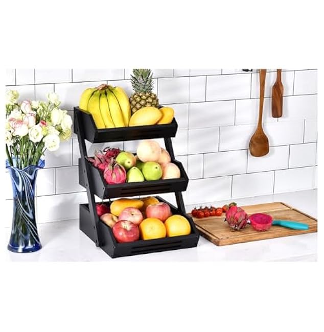 3-Tier Bamboo Fruit Basket, Kitchen Counter Organizer - Vegetable & Snack Holder, 15mm Thick - Self-Assembly