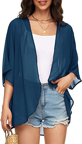 Image of Indian Trendy Women's Solid Puff Sleeve Kimono Cardigan Loose Cover Up Casual Blouse Top Chiffon