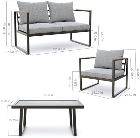 EAST OAK Courtyard Patio Furniture Set, 4-Piece Outdoor Patio Set with Sofa, Removable & Washable Deep Seating Cushion, Tempered Glass Table, Outside Patio Conversation Sets, Black & Grey - 5