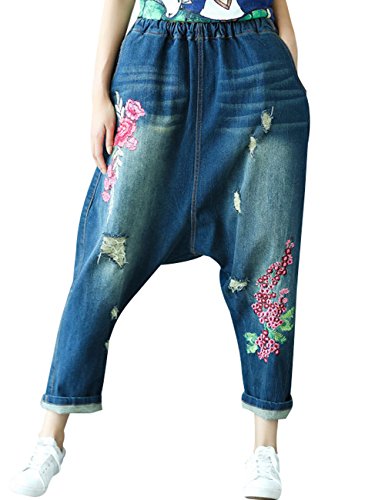 Pantalons jeans sarouel femmes taille élastique drop crotch brodé