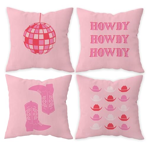 FLDAS Hot Pink Preppy Howdy Western Cowgirl Boot Hat Disco Ball Decorative Throw Pillow Covers,Preppy Pillow Case Covers for Home Preppy Room Dorm Decor,Teen Girls Gifts,18×18 Inch Set of 4