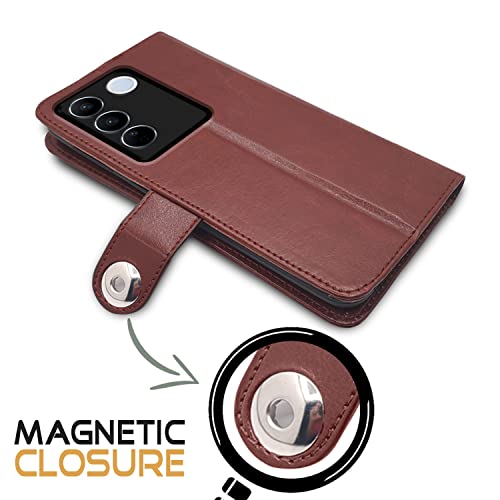 Image of Pikkme Vivo V27 / V27 Pro 5G Flip Cover Leather Finish | Inside TPU with Card Pockets | Wallet Stand and Shock Proof | Complete Protection Button Flip Case (Brown)