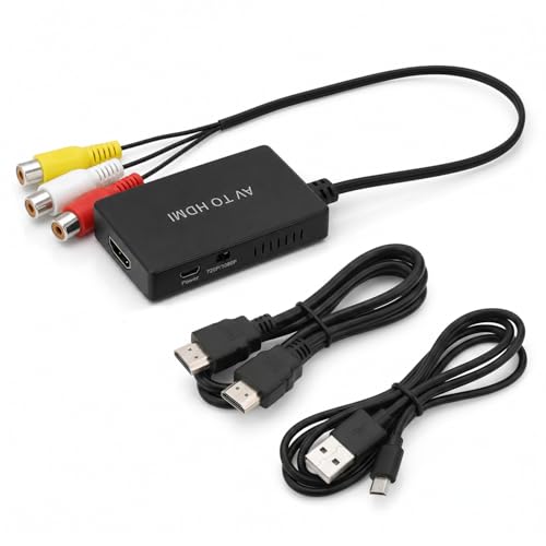 QWORK® Convertidor RCA a HDMI, Adaptador de Video y Audio AV a HDMI 1080P/720P con Cable HDMI para PS2, N64, Wii, VHS, VCR, Reproductor DVD, soporta PAL/NTSC, Negro