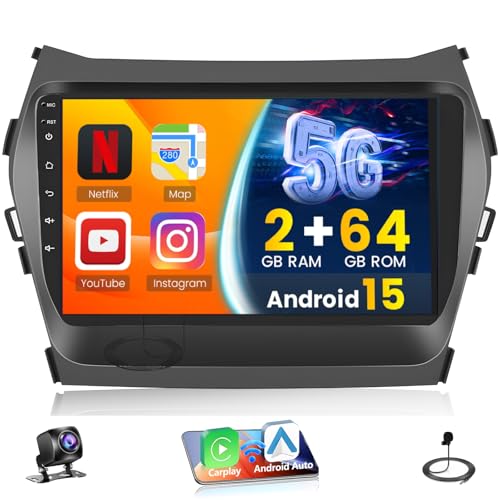 [64GB] for Hyundai Santa Fe/IX45 2013-2017 Android 15 Car Stereo, Hikity 9'' IPS Touchscreen Radio Wireless CarPlay Android Auto 2+64G Bluetooth DSP/5G WiFi/Mirror Link/GPS, 1280*720P, Backup Cam+MIC