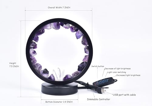 Image of AMOYSTONE Natural Purple Fluorite Crystal Night Light, USB Rechargeable 3-Color Adjustable Lamp 7.5 inch, Bedside Meditation Lamp for Bedroom Office Home Decor