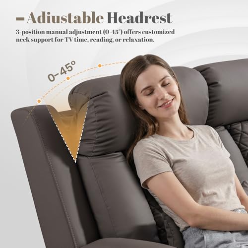 Image of Zero Wall Hugger Power Reclining Sofa with Adjustable Headrest, Electric Reclining Couch with Drop-Down Table,Outlets, Power Loveseat Recliner Sofa for Living Room (PU Brown, 3 Seat)