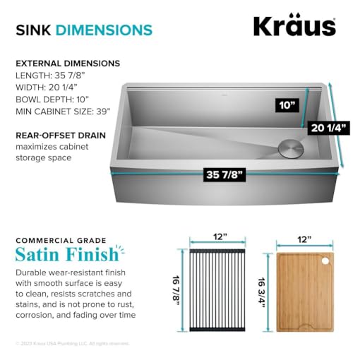 KRAUS Kore Workstation 36inch Farmhouse Flat Apron Front 16 Gauge