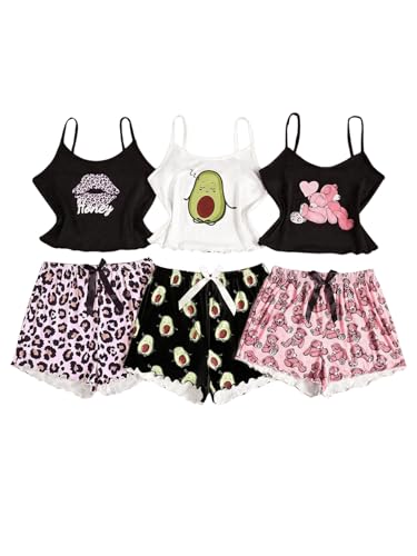 SOLY HUX Pajama Sets for Women 6 Piece Cute Graphic Print Sleepwear Cami Top and Shorts Loungewear
