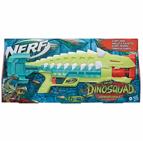 Nerf DinoSquad Armorstrike Blaster à fléchettes, Barillet Rotatif 8 fléchettes, poignée, 16 fléchettes Nerf Elite, Design d'ankylosaure