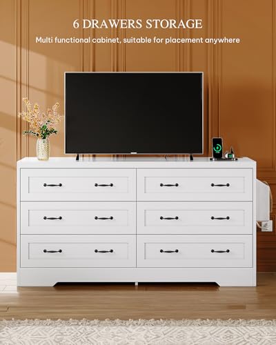 DWVO Farmhouse 6 Drawer Dresser for Bedroom, 59.5 Inch Large Modern Dresser TV Stand with Large Drawers & Bar Handles, Storage Dressers with Power Outlets, Rustic Wood Chest of Drawers, White New