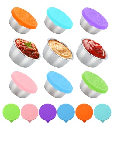 6pcs 304 Stainless Steel Sauce Cups with Silicone Lid, 1.6oz Salad Dressing Cups Ideal for Picnic and Snacks (multicolor set)