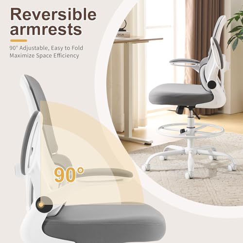 Image of Karl home Ergonomic Drafting Chair, Grey | Lumbar Support, Flip-Up Armrests, Adjustable Height Footrest Ring, Breathable Mesh, Tall Swivel