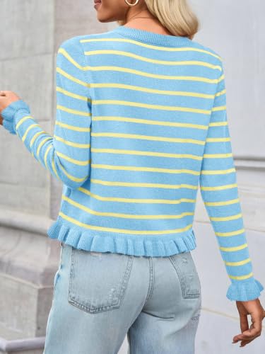 Image of Saodimallsu Womens Ruffle Cardigan Sweaters Button Up Crew Neck Long Sleeve Cropped Sweater Cute Soft Knit Tops