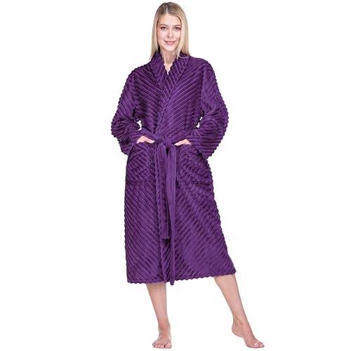 PAVILIA Womens Plush Fleece Robe Super Soft Long Bathrobe with Pockets Cozy Lightweight Ribbed House Robe for Spa Lounging Purple L/XL