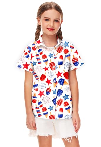 Image of Remimi Unisex Kids 4th of July Button Up Shirt Boys American Flag Print Hawaiian Beach Short Sleeve Tops 5-14 Years