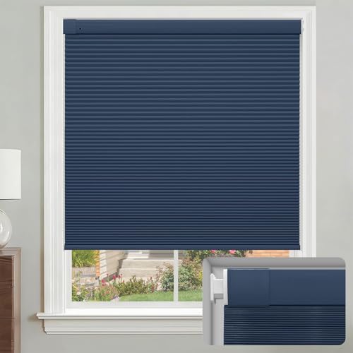 SHEERVIEW Cellular Cordless Shade, Dark Blue Custom Size, No Drill Blackout Honeycomb Blind for Window