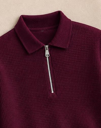 Image of AUSK Men's Waffle Knit Textured Full Sleeve Polo T-Shirt | Cotton Blend Regular Fit Zip Polo Neck Solid Smart Casual T Shirt for Men | Casual Wear, Travel & Weekend Wear Tshirt for Men
