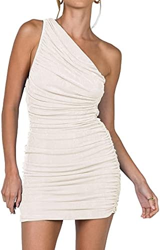LYANER Women's Sexy One Shoulder Ruched Sleeveless Bodycon Mini Short Dress Beige Small
