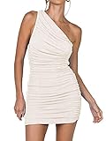 LYANER Women's Sexy One Shoulder Ruched Sleeveless Bodycon Mini Short Dress Beige Small