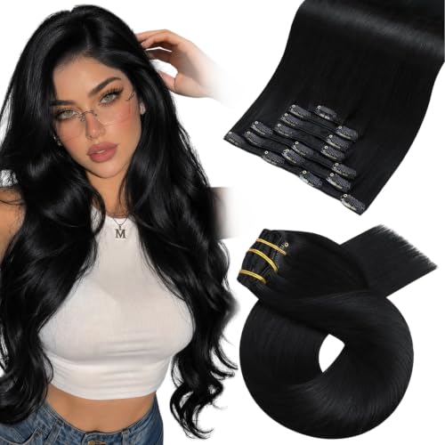 Image of Moresoo Clip in Hair Extensions, 26 Inch Jet Black Thick Volume | Real human hair extensions clip ins, 160g 7pcs, double weft straight hair for added length and party looks