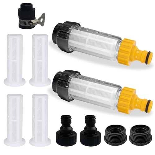 Behogan Wasserfilter Gartenschlauch Set: 2 Stück 3/4 Zoll Vorfilter Gartenpumpe mit 5 Schnelladapter + 4 Filtereinsatz, Wasser Vorfilter Wasserfilter für Hochdruckreiniger, Gartenpumpe, Wohnmobil