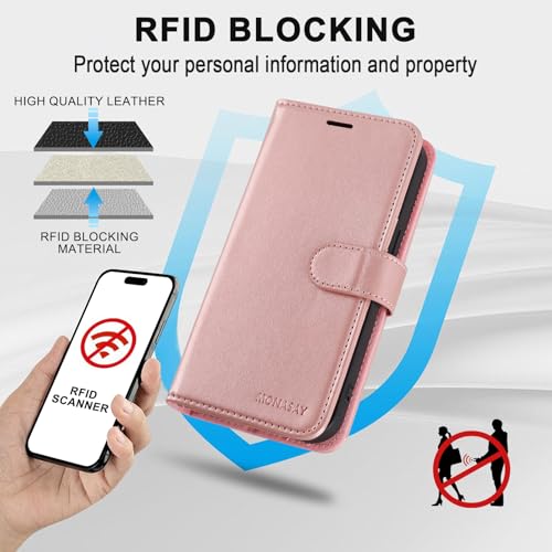 Image of MONASAY Vegan Leather Fit for iPhone-14 /13 5G Wallet Case, 6.1-inch, [Glass Screen Protector Included] [RFID Blocking] Flip Folio Phone Cover with Credit Card Holder,Rosegold
