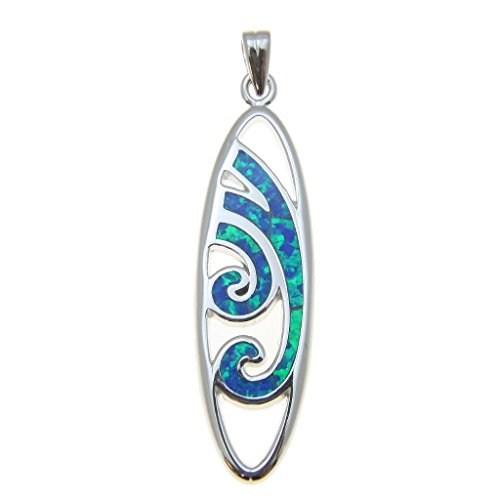 Arthur's Jewelry 925 Sterling silver Hawaiian blue synthetic opal ocean wave surfboard pendant