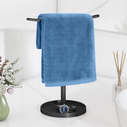 STWWO Hand Towel Holder Stainless Steel Towel Holder Stand for Bathroom Kitchen Countertop T-Shaped Hand Towel Rack Stand Black