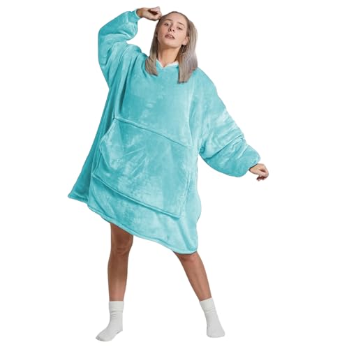 Oversized Wearable Hoodie Blanket Ultra Soft Sherpa Fleece Oodies Reversible Warm & Cozy Giant Hooded Blanket Sweatshirt Large Front Pocket - Gift One Size Fits For All (Solid Color, Duck Egg)