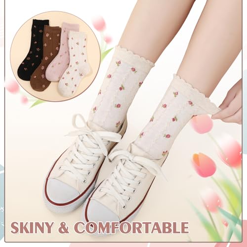 Image of Jspupifip Women Ruffle Socks, 4 Pairs Floral Frilly Socks Casual Ankle Breathable Knit Cute Lettuce Floral Crew Sock Size 5-7