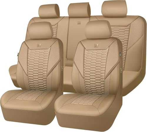 Image of CAR PASS 3D Foam Mesh Leather Car Seat Covers Full Set, Tan Breathable Mesh Faux Leather Seat Covers for Car, Universal Fit for SUV Truck Sedan Automotive, Armrest Airbag Compatible, All Beige