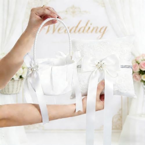 image for Lebsitey 2 Flower Girl Baskets and Ring Bearer Pillows Set, Pearl Hand