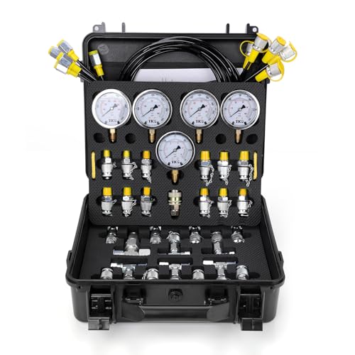 HOTROSE Hydraulic Pressure Test Kit, 600bar /10000psi / 60Mpa 5 Gauges 13 Test Couplings 14 Tee Connectors 5 Test Hoses, Hydraulic Test Gauge kit for Excavator Construction Machinery (5 Gauges)