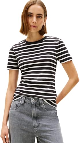 Tommy Hilfiger Slim Cody C-nk Ss Ww0ww40587 Camiseta, Black (Black / Ecru Stp), M para Mujer