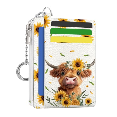 Image of Hancynir Highland Cow Credit Card Holder Small Wallet Women, Cute Slim RFID | Sunflower Zipper Keychain Wallet, Thin Travel Coin Pocket, PU Leather, Minimalist Card Case, 6 Card Slots, Ladies Women Gifts