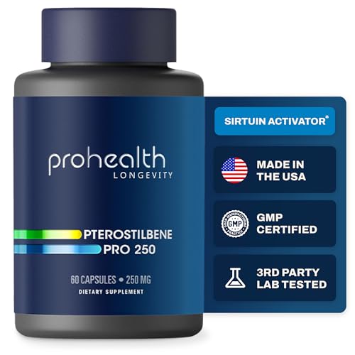 Pterostilbene Pro 250 (250 mg, 60 Capsules) by ProHealth Longevity | Powerful Antioxidant. Supports Healthy Aging, Heart Health, Brain Cell Health. Boosts Effectiveness of NMN.