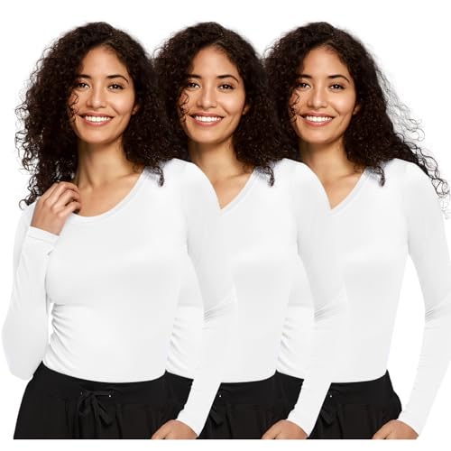 COZYFIT 3 Pack Underscrub Long Sleeve Women - Undershirts for Women Soft Fabric, White, S