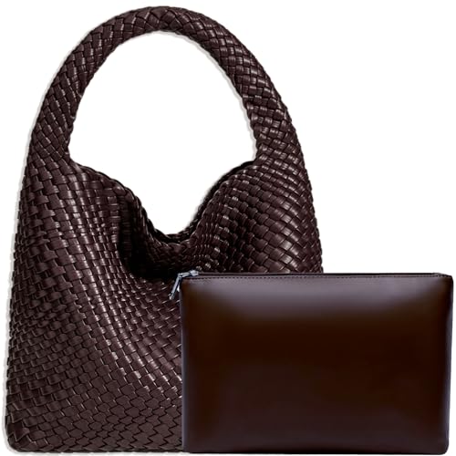 Bolsa feminina de couro vegano tecida à mão moderna bolsa de ombro com alça superior para todas as axilas com bolsa, Café, Medium
