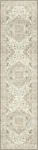 Madane 3x12 Hallway Runner Rug - Non Slip Washable 12ft Runner for Hallways Soft Vintage Kitchen Rugs Low-Pile Carpet Runner for Entryway Bathroom Thin Floor Mat for Bedroom Dining Room, Ivory/Brown